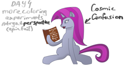 Size: 1715x899 | Tagged: safe, imported from derpibooru, oc, oc:cosmic confusion, pony, unicorn, book, fangs, purple hair, simple background, solo, text, white background