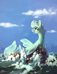 Size: 1939x2500 | Tagged: safe, artist:28gooddays, imported from derpibooru, oc, oc only, seapony (g4), cloud, digital art, fin wings, fins, fish tail, flowing tail, high res, looking up, ocean, open mouth, rock, sky, smiling, solo, tail, water, wings