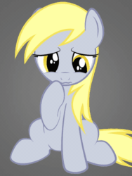 Size: 750x1000 | Tagged: safe, alternate version, derpibooru exclusive, imported from derpibooru, derpy hooves, pony, absurd file size, absurd gif size, animated, cross-eyed, crying, g4, gif, gray background, looking down, raised hoof, sad, show accurate, simple background, sitting, this pony needs a hug, wavy mouth