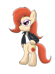 Size: 1200x1600 | Tagged: safe, artist:amateur-draw, imported from derpibooru, oc, oc:phosphor flame, earth pony, pony, bipedal, clothes, female, jacket, leather, leather jacket, mare, shirt, simple background, solo, white background