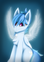 Size: 3508x4960 | Tagged: safe, artist:syntriax, imported from derpibooru, oc, oc only, oc:valor compassion, pegasus, pony, angelic wings, clothes, female, high res, jewelry, looking at you, mare, multicolored mane, multicolored tail, pendant, smiling, smiling at you, solo, tail, wings
