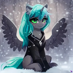 Size: 1024x1024 | Tagged: safe, editor:nightluna, imported from derpibooru, oc, unnamed oc, alicorn, pony, ai content, ai generated, clothes, female, generator:purplesmart.ai, generator:stable diffusion, green eyes, grey fur, horn, jacket, mare, prompter:nightluna, sitting, smiling, snow, snowfall, spread wings, watermark, wings