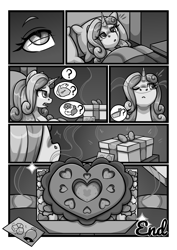 Size: 2480x3508 | Tagged: safe, artist:moonseeker, imported from derpibooru, sweetie belle, pony, unicorn, comic:sweet apple pie, apple, apple pie, bed, black and white, comic, female, food, grayscale, heart shaped, implied big macintosh, implied sugar belle, mare, monochrome, older, older sweetie belle, pie, sniffing