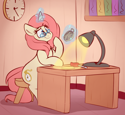 Size: 2130x1962 | Tagged: safe, artist:graphene, imported from derpibooru, oc, oc only, oc:rose pendant, pony, unicorn, female, glasses, lamp, magic, mare, pocket watch, sitting, solo, table