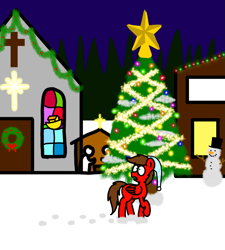 Size: 1275x1414 | Tagged: safe, artist:professorventurer, imported from derpibooru, oc, oc only, oc:professor venturer, pegasus, pony, awestruck, carrot, chapel, christmas, christmas lights, christmas tree, christmas wreath, church, confused, cross, food, garland, hat, holiday, nativity scene, night, nightcap, noah's ark, shop, snowman, tinsel, top hat, tree, wreath