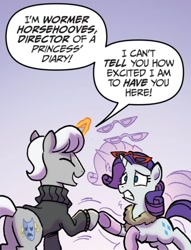 Size: 744x972 | Tagged: safe, artist:tonyfleecs, idw, imported from derpibooru, rarity, wormer horsehooves, pony, unicorn, spoiler:comic, spoiler:comic66, dialogue, duo, female, g4, hoofshake, male, mare, speech bubble, stallion