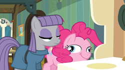 Size: 1000x563 | Tagged: safe, imported from derpibooru, screencap, maud pie, pinkie pie, earth pony, pony, maud pie (episode), duo, duo female, eyes closed, female, great moments in animation, mare, mid-blink screencap, ponk, siblings, sisters, smear frame, wide eyes