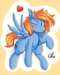 Size: 2550x3181 | Tagged: safe, artist:nekocrispy, imported from derpibooru, oc, oc only, oc:quick trip, pegasus, pony, commission, female, floating heart, heart, mare, one eye closed, solo, wink