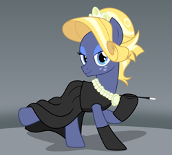 Size: 2268x2048 | Tagged: safe, artist:badumsquish, derpibooru exclusive, imported from derpibooru, star tracker, earth pony, pony, season 6, the gift of the maud pie, alternate hairstyle, audrey hepburn, beautiful, black dress, breakfast at tiffany's, cigarette, cigarette holder, clothes, cosplay, costume, crossdressing, crossplay, dress, eyeshadow, freckles, gloves, gray background, holly golightly, hoof hold, implied rarity, jewelry, looking at you, makeup, male, necklace, outfit catalog, pearl necklace, pose, raised hoof, raised leg, sexy, show accurate, simple background, smiling, socks, solo, stallion, starcrossed, tiara