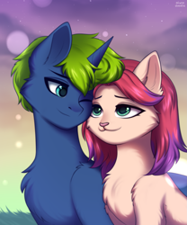 Size: 1999x2399 | Tagged: safe, alternate version, artist:alunedoodle, imported from derpibooru, oc, oc only, oc:lichtschatten, cat, pony, unicorn, affection, alternate character, couple, cute, duo, female, male