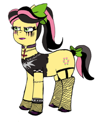 Size: 1364x1645 | Tagged: artist needed, source needed, safe, imported from derpibooru, earth pony, pony, alternate hairstyle, bauhaus, bow, chains, choker, clothes, cross, eyeshadow, female, fishnets, g5, goth, hair bow, hoof polish, inverted cross, lipstick, makeup, mare, mascara, posey bloom, running makeup, simple background, solo, torn clothes, unamused, white background