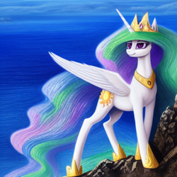 Size: 1024x1024 | Tagged: safe, editor:dovakkins, imported from derpibooru, princess celestia, alicorn, pony, ai content, ai generated, alternate hairstyle, beautiful, cliff, crown, female, g4, generator:purplesmart.ai, generator:stable diffusion, jewelry, mare, ocean, regalia, smiling, solo, water