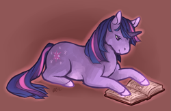 Size: 895x585 | Tagged: safe, artist:hunterv, imported from twibooru, twilight sparkle, pony, unicorn, book, female, image, looking at something, lying down, mare, png, reading, simple background, smiling, solo, unicorn twilight