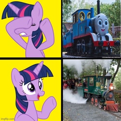 Size: 500x500 | Tagged: safe, artist:luckreza8, editor:thomas me irl, twilight sparkle, alicorn, pony, all engines go, duo, hotline bling, imgflip, leolandia, meme, photo, ponified meme, remlinger farms, theme park ride, thomas and friends, thomas and friends all engines go, thomas and friends: all engines go!, thomas the tank engine, tolt river railroad, twilight sparkle (alicorn)