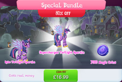 Size: 1270x860 | Tagged: safe, imported from derpibooru, twilight sparkle, alicorn, pony, robot, robot pony, antennae, bundle, camera, costs real money, duality, english, female, gameloft, gem, height difference, horn, magic coins, mare, numbers, official, roboticization, sale, solo, solo focus, spread wings, text, twibot, twilight sparkle (alicorn), wings