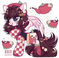 Size: 4159x4132 | Tagged: safe, artist:loxord666, imported from derpibooru, oc, oc only, oc:strawberry tea (ice1517), pegasus, pony, bag, choker, clothes, ear piercing, earring, female, freckles, grin, hat, hoodie, jewelry, mare, markings, piercing, raised hoof, shorts, simple background, smiling, socks, solo, white background