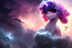 Size: 1536x1024 | Tagged: safe, imported from derpibooru, sweetie belle, alicorn, pony, ai content, ai generated, alicornified, cloud, ear fluff, eyelashes, female, folded wings, generator:purplesmart.ai, generator:stable diffusion, giant pony, glowing, glowing horn, horn, macro, mare, on a cloud, plane, prompter:nightluna, race swap, sitting, sitting on a cloud, sky, smiling, solo, sweetiecorn, thunderstorm, watermark, wings, wrong eye color
