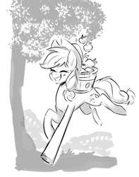 Size: 1273x1614 | Tagged: safe, artist:sketchtablet, imported from derpibooru, applejack, earth pony, pony, apple, apple tree, barrel, cute, eyes closed, female, food, galloping, grin, jackabetes, mare, monochrome, smiling, solo, sweet apple acres, tree