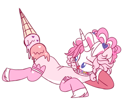 Size: 900x760 | Tagged: safe, artist:fuckomcfuck, imported from derpibooru, oc, oc only, oc:sundae dream, pony, unicorn, base used, food, ice cream, lying down, prone, simple background, solo, transparent background