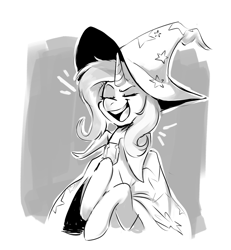 Size: 1218x1318 | Tagged: safe, artist:sketchtablet, imported from derpibooru, trixie, pony, unicorn, boasting, bust, cape, clothes, eyes closed, female, grayscale, hat, mare, monochrome, open mouth, portrait, trixie's cape, trixie's hat