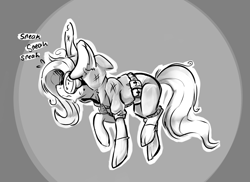 Size: 1295x942 | Tagged: safe, artist:sketchtablet, imported from derpibooru, fluttershy, pegasus, pony, bunny ears, clothes, costume, dangerous mission outfit, female, goggles, hoodie, mare, monochrome, nervous, sneaking, solo, sweat