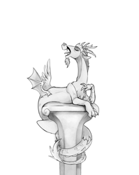 Size: 1447x1817 | Tagged: safe, artist:sketchtablet, imported from derpibooru, discord, draconequus, male, monochrome, pedestal, pose, simple background, solo, statue, white background