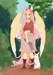 Size: 1431x2048 | Tagged: safe, artist:lanabeerawr, imported from derpibooru, angel bunny, fluttershy, anthro, pegasus, plantigrade anthro, rabbit, animal, choker, clothes, colored wings, colored wingtips, dress, eye clipping through hair, eyebrows, eyebrows visible through hair, socks, wings