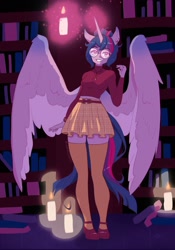 Size: 1431x2048 | Tagged: safe, artist:lanabeerawr, imported from derpibooru, twilight sparkle, alicorn, anthro, plantigrade anthro, bookshelf, candle, clothes, ear piercing, earring, glasses, jewelry, levitation, looking at you, magic, midriff, miniskirt, piercing, skirt, smiling, smiling at you, socks, solo, spread wings, telekinesis, thigh highs, turtleneck, twilight sparkle (alicorn), wings