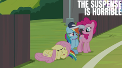 Size: 1920x1080 | Tagged: safe, edit, edited screencap, editor:quoterific, imported from derpibooru, screencap, fluttershy, pinkie pie, rainbow dash, earth pony, pegasus, pony, 2 4 6 greaaat, baseball cap, cap, coach rainbow dash, covering eyes, eyes closed, female, frown, hat, looking at someone, mare, open mouth, suspense, trio, trio female