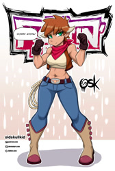 Size: 1347x2000 | Tagged: safe, artist:oldskullkid, imported from derpibooru, human, them's fightin' herds, arizona (tfh), belly button, belt, breasts, clothes, community related, gloves, humanized, looking at you, solo, speech bubble, tomboy