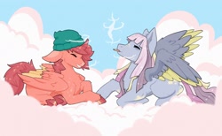 Size: 1750x1080 | Tagged: safe, artist:lanabeerawr, imported from derpibooru, oc, oc:cloud puff, oc:sugar star, pegasus, pony, beanie, chest fluff, cloud, colored wings, colored wingtips, drugs, duo, eyes closed, floppy ears, hat, lying down, lying on a cloud, marijuana, on a cloud, smiling, smoking, spread wings, underhoof, wings