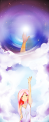 Size: 600x1500 | Tagged: safe, artist:derpiihooves, imported from derpibooru, fluttershy, human, 2012, clothes, cloud, dress, female, humanized, old art, reaching, sky, smiling, solo, stars, sundress