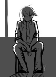 Size: 1278x1750 | Tagged: safe, artist:derpiihooves, imported from derpibooru, applejack, human, 2012, backlighting, chair, clothes, female, grayscale, humanized, katawa shoujo, looking at you, monochrome, old art, sitting, solo