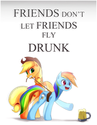 Size: 3279x4200 | Tagged: safe, artist:derpiihooves, imported from derpibooru, applejack, rainbow dash, earth pony, pegasus, pony, 2012, blushing, bound wings, cider mug, cute, dashabetes, drunk, drunker dash, duo, eyes on the prize, female, flying while under the influence, gritted teeth, high res, mare, mouth hold, mug, old art, public service announcement, reaching, rearing, restrained, rope, simple background, smiling, teeth, text, underhoof, white background, wings