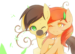 Size: 1000x729 | Tagged: safe, artist:derpiihooves, imported from derpibooru, oc, oc only, oc:autumn leaves, oc:calpain, earth pony, pony, 2013, autain, bust, cuddling, female, male, mare, old art, one ear down, one eye closed, shipping, simple background, smiling, stallion, straight, white background