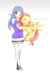 Size: 1000x1454 | Tagged: safe, artist:derpiihooves, imported from derpibooru, fluttershy, princess luna, human, pegasus, pony, 2013, clothes, converse, eyes closed, female, hug, humanized, mare, old art, one eye closed, shoes, simple background, sweater, white background, zettai ryouiki