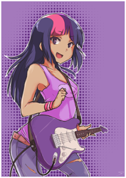 Size: 2480x3507 | Tagged: safe, artist:derpiihooves, imported from derpibooru, twilight sparkle, human, abstract background, april fools, armband, bare shoulders, canter girls, clothes, cute, cute little fangs, dark skin, electric guitar, fangs, female, guitar, high res, humanized, jeans, musical instrument, open mouth, pants, ripped jeans, ripped pants, sleeveless, smiling, solo, starswirl academy, tai saito, tanktop, torn clothes