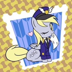 Size: 1200x1200 | Tagged: safe, artist:theratedrshimmer, imported from derpibooru, derpy hooves, pegasus, pony, cute, derpabetes, female, hat, heart, looking at you, mail, mailmare, mailmare hat, mailmare uniform, mouth hold, one eye closed, solo, wink, winking at you