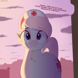 Size: 3000x3000 | Tagged: safe, artist:nording, imported from derpibooru, nurse redheart, earth pony, pony, cute, dialogue, female, g4, hat, heart, heart eyes, heartabetes, key, looking at you, mare, mouth hold, nurse hat, smiling, solo, speech, tail, talking, text, weapons-grade cute, wingding eyes