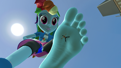 Size: 3840x2160 | Tagged: safe, artist:lulw73, imported from derpibooru, rainbow dash, human, equestria girls, barefoot, feet, female, fetish, foot fetish, foot focus, giantess, macro, smiling, soles, solo, toes