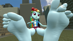 Size: 2560x1440 | Tagged: safe, artist:lulw73, imported from derpibooru, rainbow dash, human, equestria girls, 3d, barefoot, feet, female, fetish, foot fetish, foot focus, giantess, macro, microphone, singing, soles, solo, source filmmaker, wiggling toes