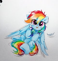 Size: 2727x2838 | Tagged: safe, artist:liaaqila, imported from derpibooru, rainbow dash, pegasus, pony, :p, cute, dashabetes, feather, female, liaaqila is trying to murder us, liaaqila is trying to murder us with dashabetes, lying down, mare, on back, silly, silly pony, simple background, solo, tongue out, traditional art, white background