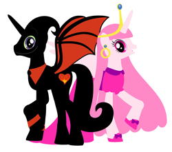 Size: 2992x2644 | Tagged: safe, artist:nathaniel718, imported from derpibooru, alicorn, pony, adventure time, business suit, cartoon network, clothes, crown, dress, ear piercing, earring, female, jewelry, looking at you, male, mare, nergal, nergal and princess bubblegum, piercing, ponified, princess bubblegum, regalia, shoes, simple background, stallion, the grim adventures of billy and mandy, white background