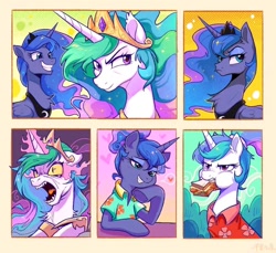 Size: 1178x1080 | Tagged: safe, artist:千雲九枭, idw, imported from derpibooru, princess celestia, princess luna, alicorn, pony, between dark and dawn, sparkle's seven, spoiler:comic, spoiler:comic76, angry, clothes, cosmos, duo, duo female, eating, eye clipping through hair, eyebrows, female, food, frown, grin, grumpy, hawaiian shirt, lidded eyes, mouth hold, possessed, puffy cheeks, royal sisters, sandwich, scene interpretation, shirt, siblings, sisters, smiling