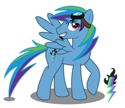 Size: 900x777 | Tagged: safe, artist:lugiaangel, imported from derpibooru, oc, oc only, oc:lightning blitz, pegasus, pony, cutie mark, goggles, goggles on head, grin, male, raised hoof, simple background, smiling, solo, spread wings, stallion, transparent background, wings