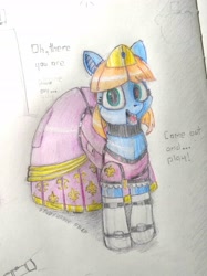 Size: 2351x3135 | Tagged: safe, artist:syndyfon, imported from derpibooru, oc, oc only, oc:elonrie, earth pony, pony, robot, robot pony, animatronic, five nights at freddy's, solo, tongue out, traditional art