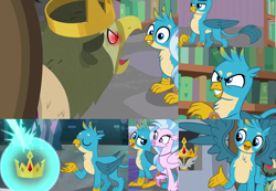 Size: 2000x1380 | Tagged: safe, edit, edited screencap, imported from derpibooru, screencap, gallus, king grover, silverstream, bird, classical hippogriff, crow, griffon, hippogriff, a matter of principals, school raze, season 8, spoiler:s08, book, bookshelf, crown, crown of grover, jewelry, proud, regalia