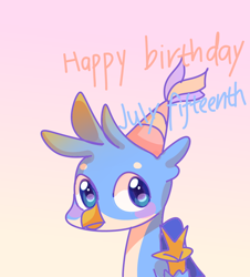 Size: 834x923 | Tagged: artist needed, source needed, safe, imported from derpibooru, gallus, griffon, birthday, blushing, cute, gallabetes, gradient background, looking at you, male, peace sign, solo, text