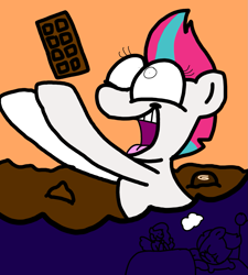 Size: 1275x1414 | Tagged: safe, artist:professorventurer, imported from derpibooru, pipp petals, zipp storm, pegasus, pony, bed, chocolate, dream, duo, female, food, g5, happy, irrational exuberance, mare, phone, recording, royal sisters (g5), siblings, sisters, sleeping, smiling, solo focus, that pony sure does love chocolate, the fairly oddparents, tongue out
