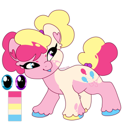 Size: 2000x2000 | Tagged: safe, artist:puppythekat (sofurry), imported from derpibooru, pinkie pie, earth pony, pony, alternate universe, colored hooves, female, hair bun, hairband, heterochromia, looking back, mare, pigtails, redesign, reference sheet, short, simple background, solo, transparent background, unshorn fetlocks
